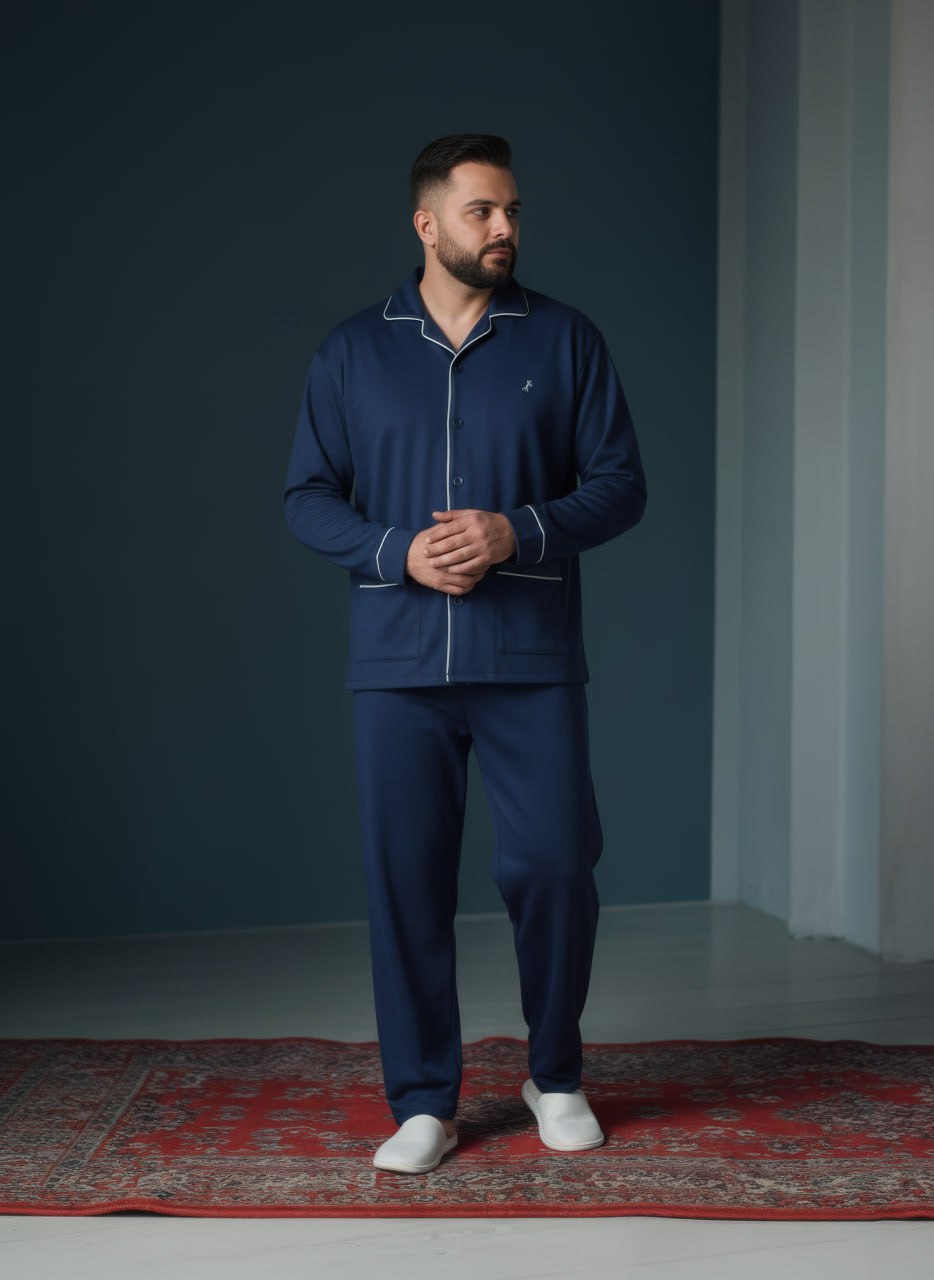 بيجامة رجالي شتوي زرار – لون كحلي بخامة ناعمة - الصورة 2