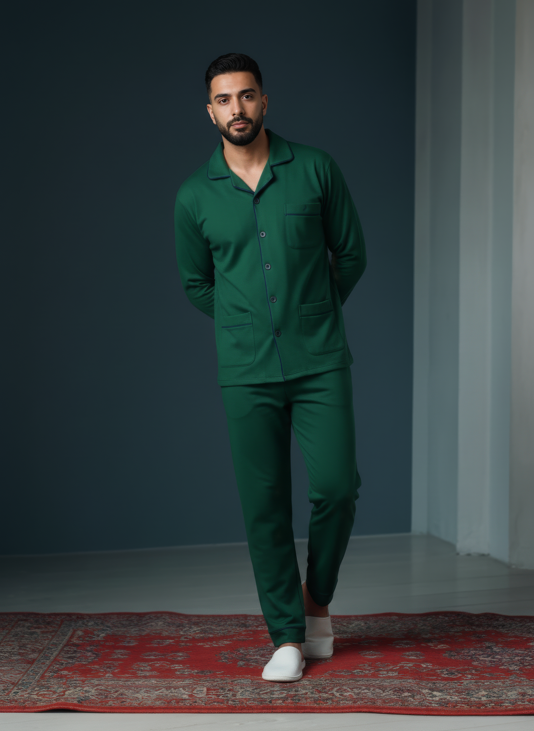 بيجامة رجالي قطيفة – لون أخضر بكم طويل