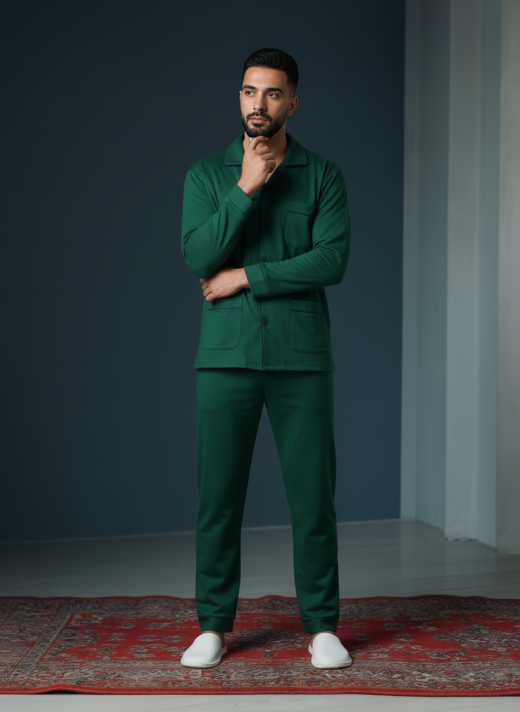 بيجامة رجالي قطيفة – لون أخضر بكم طويل - الصورة 2