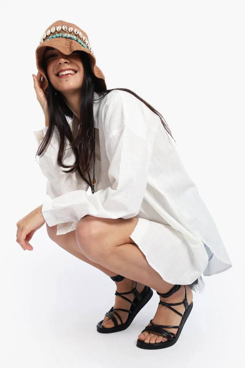 قميص كتان واسع بأكمام طويلة – أبيض