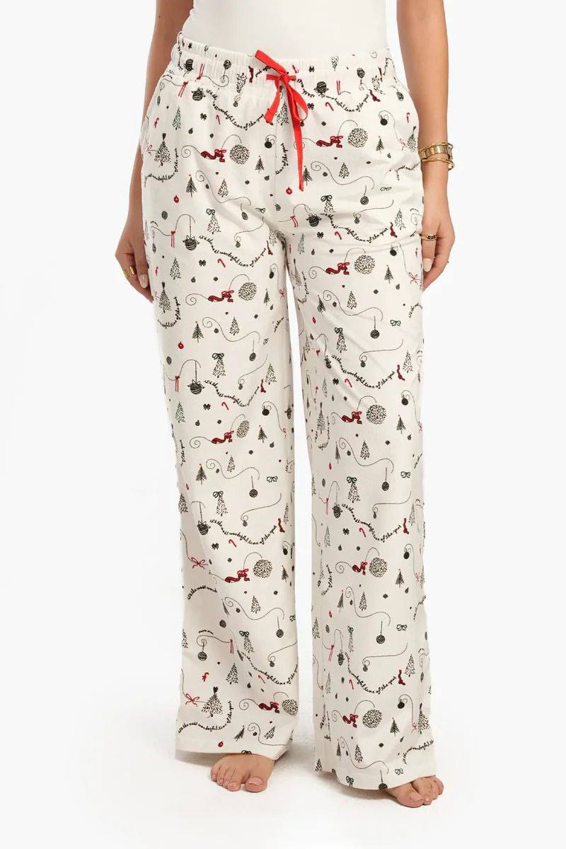 بنطلون بيتي حريمي واسع بطبعات – أبيض برسومات أسود × أحمر