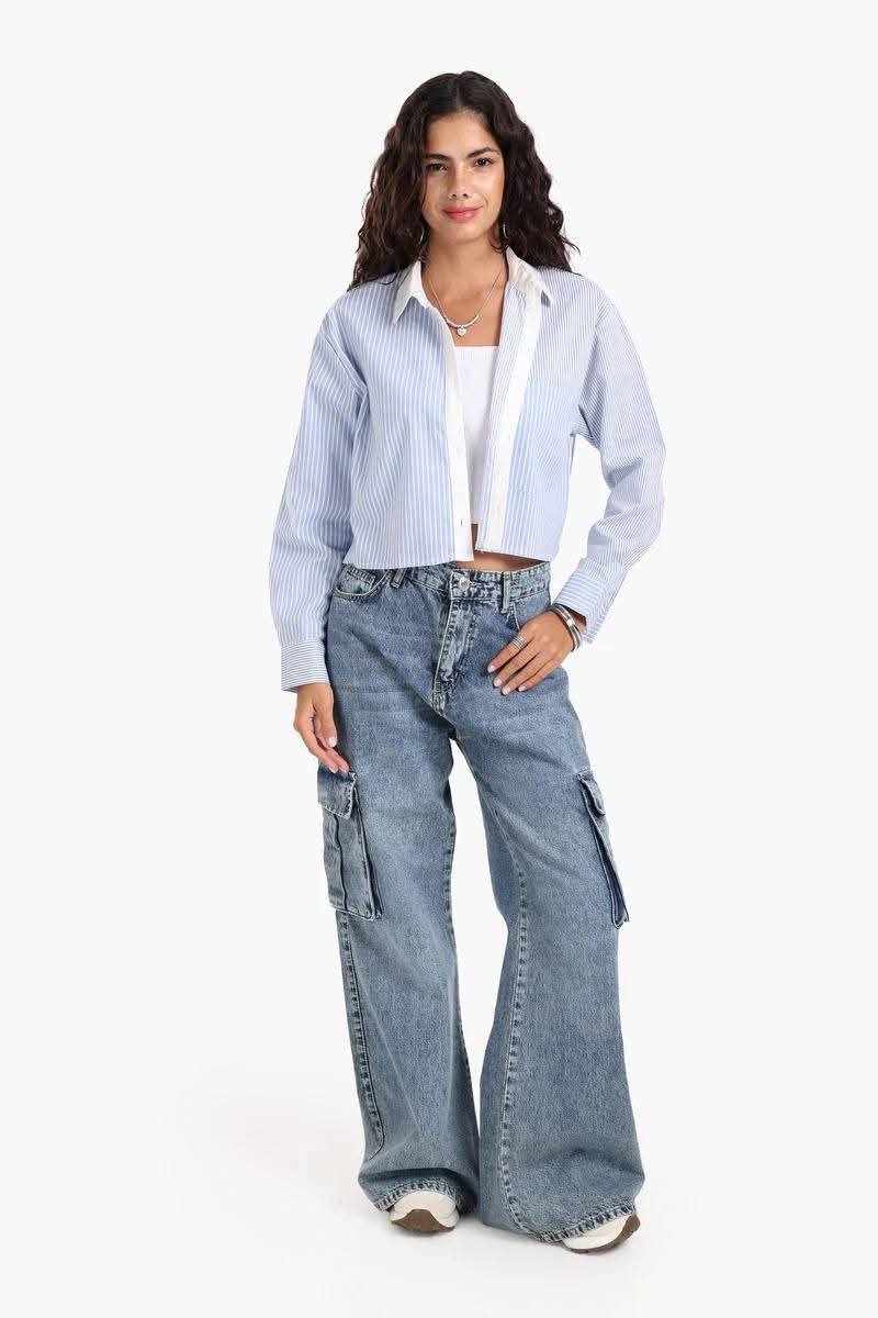 قميص مقلم كم طويل لبني X أبيض - الصورة 2