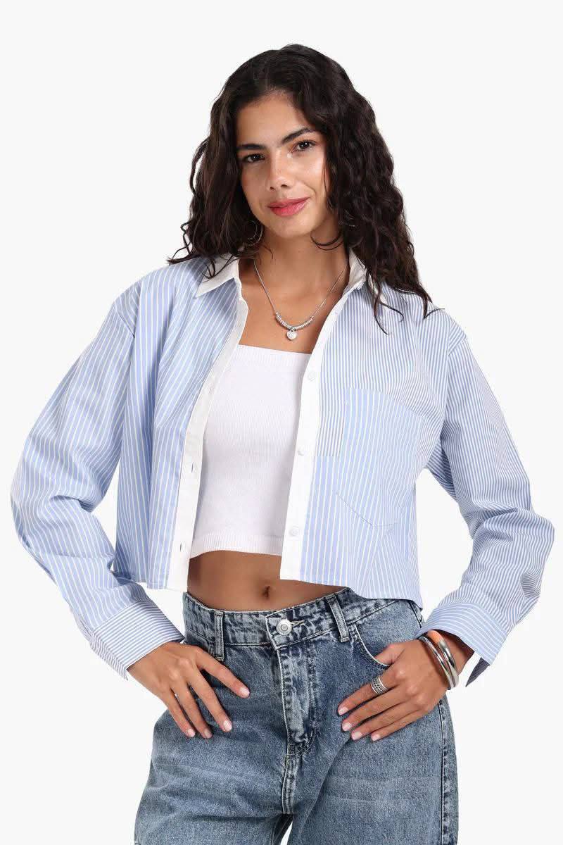 قميص مقلم كم طويل لبني X أبيض