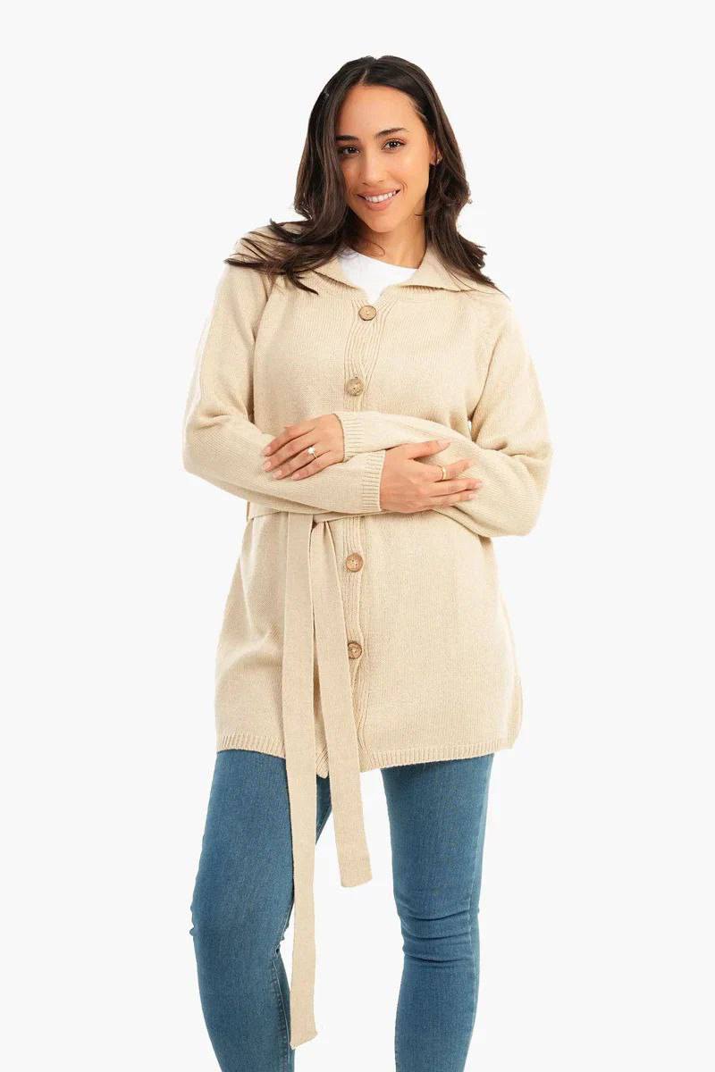 كاردجان حريمي طويل برباط – خامة تريكو ناعمة ولون بيج