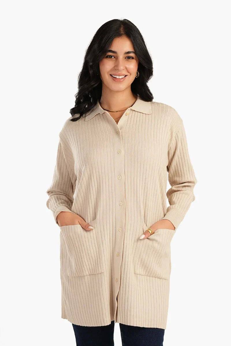 كارديجان ريب طويل حريمي – بيچ ناعم بجيوب أمامية