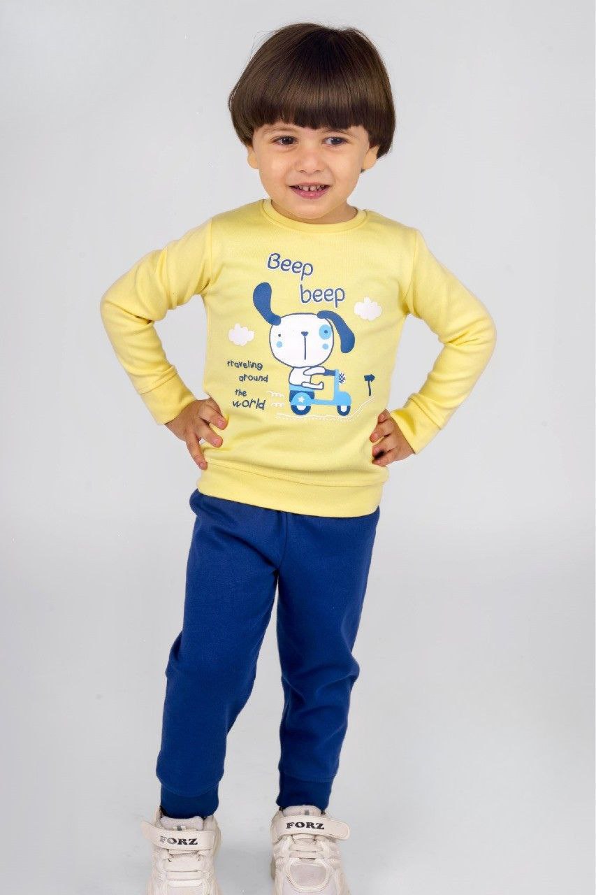 بيچامة أولادي شتوي بطبعة كلب وسكوتر – أصفر × أزرق